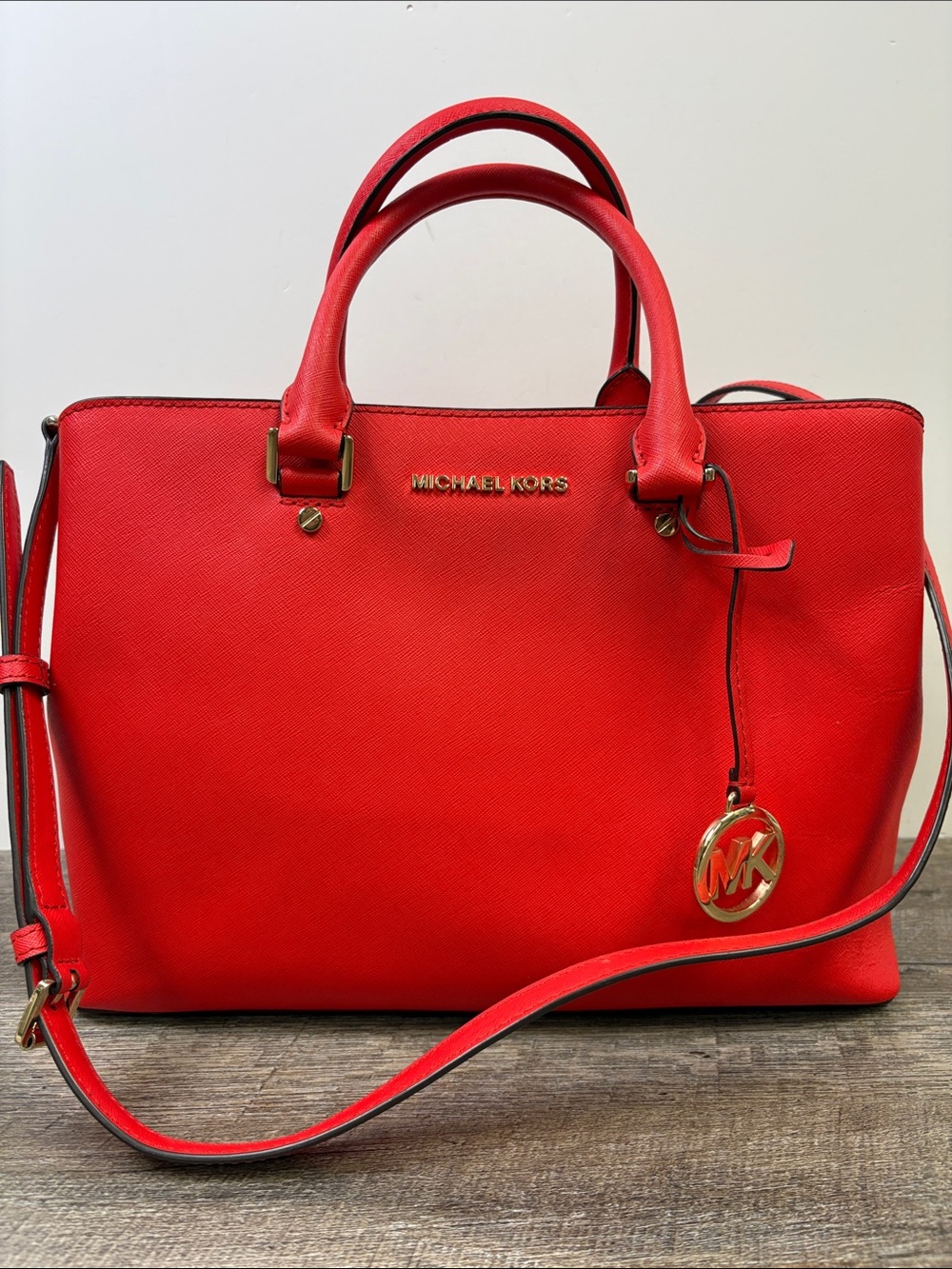 Michael Kors Sutton Large Saffiano Leather Satchel Crossbody Bag Bright Red